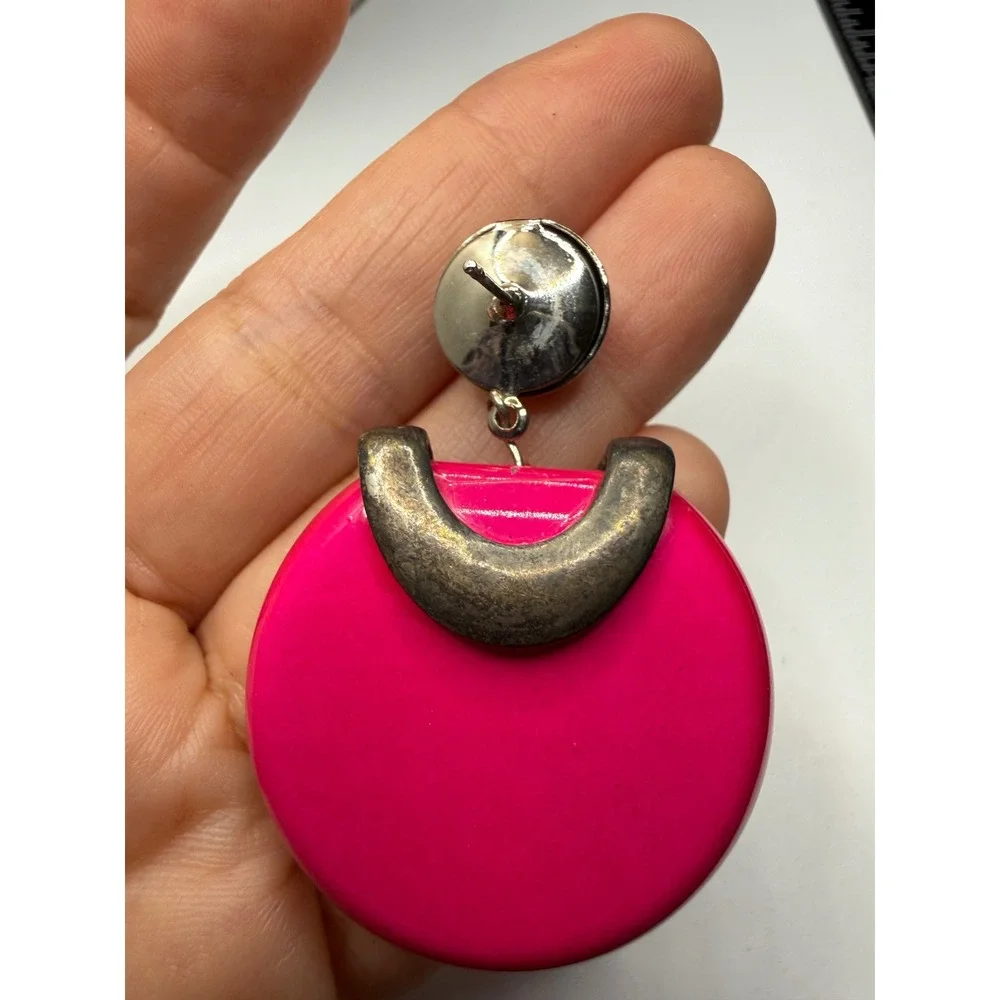Vintage Encore Hot Pink Geometric Drop Earrings 80s Silver Tone Post Statement